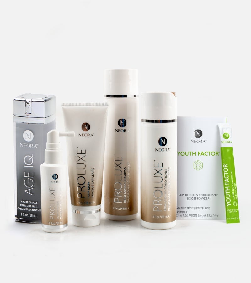  A group shot of Neora products featured in the Hair Care Essentials Pack.